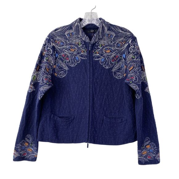 Ivko Embroidered Jacket Cardigan Size 40 L Zip Front Pockets Neckless Pattern